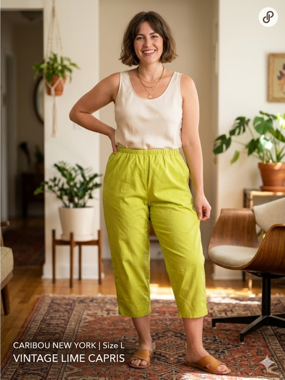 Caribou New York Vintage Lime Green Capris – Elastic-Waist Cropped Pants |size L